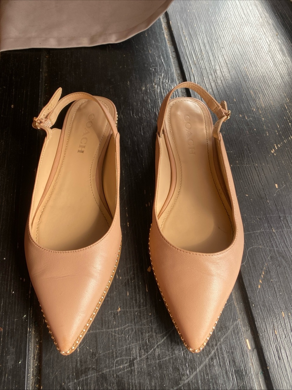 Coach Nude/Tan Pointed Leather Slingback Flats with Stud Trim